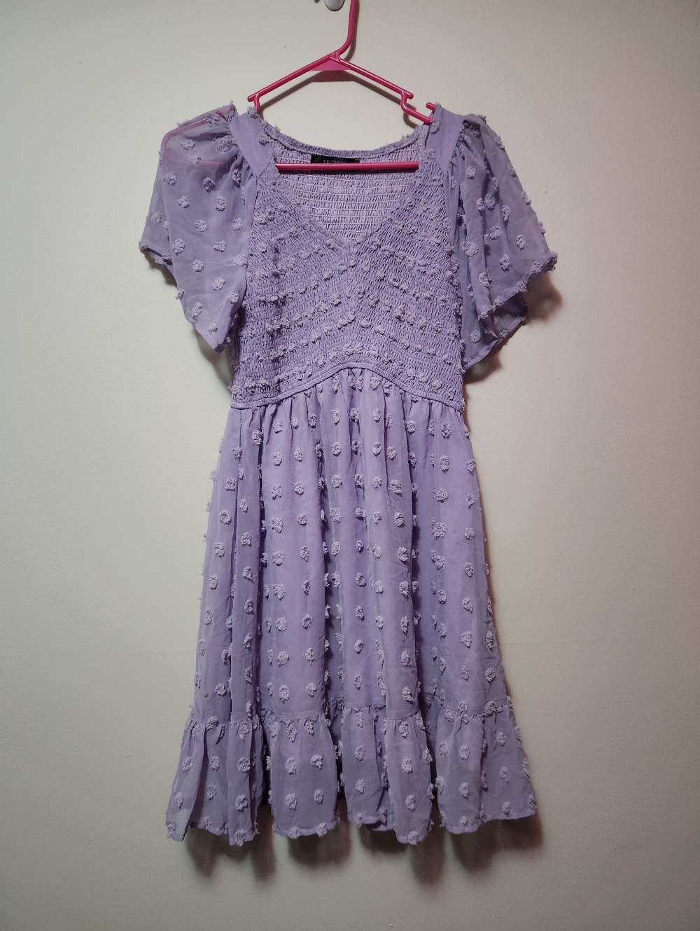 TECREW Womens Smocked Short Sleeve V Neck Mini Dress Summer Swiss Dot Flowy Shor